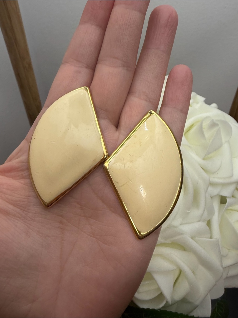 Gold-Trim Cream Geometric Clip-On Earrings